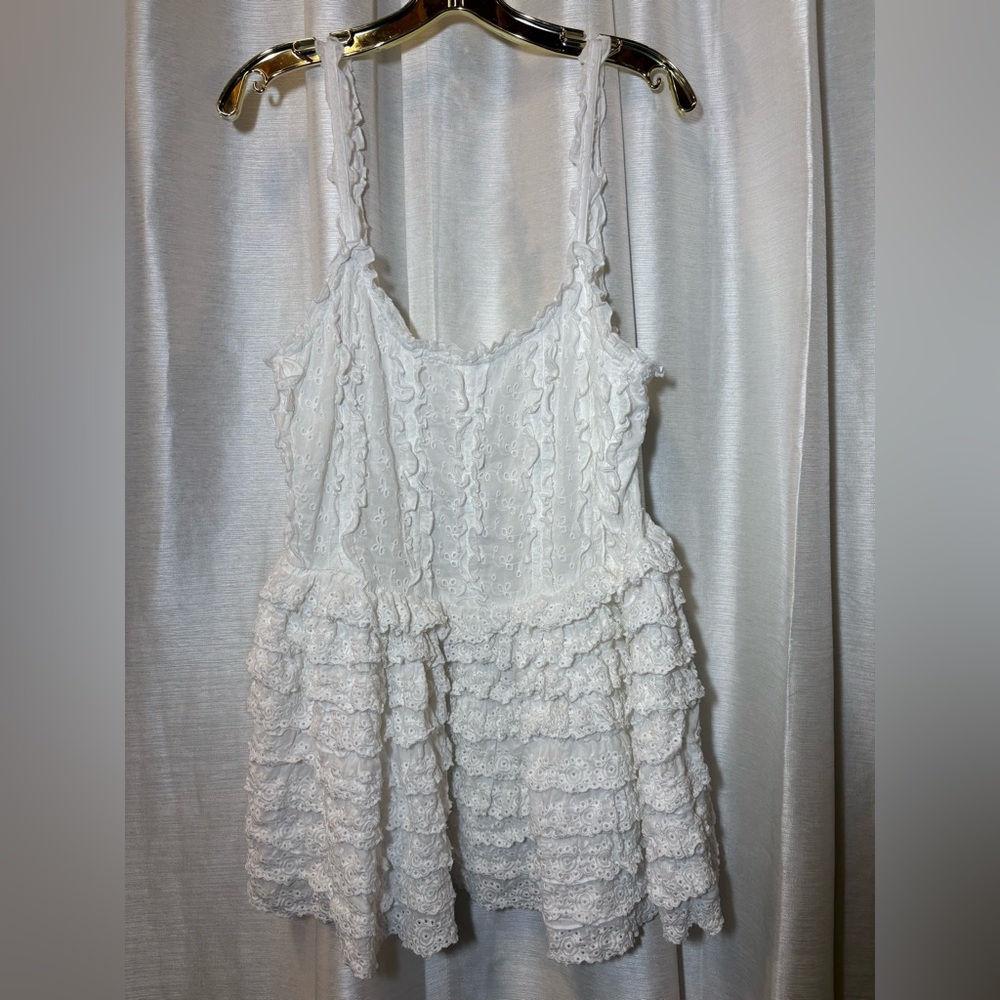 Amy Jane London White Tiered Ruffled Mini Dress Crochet Lace Up Back Large - Picture 12 of 15